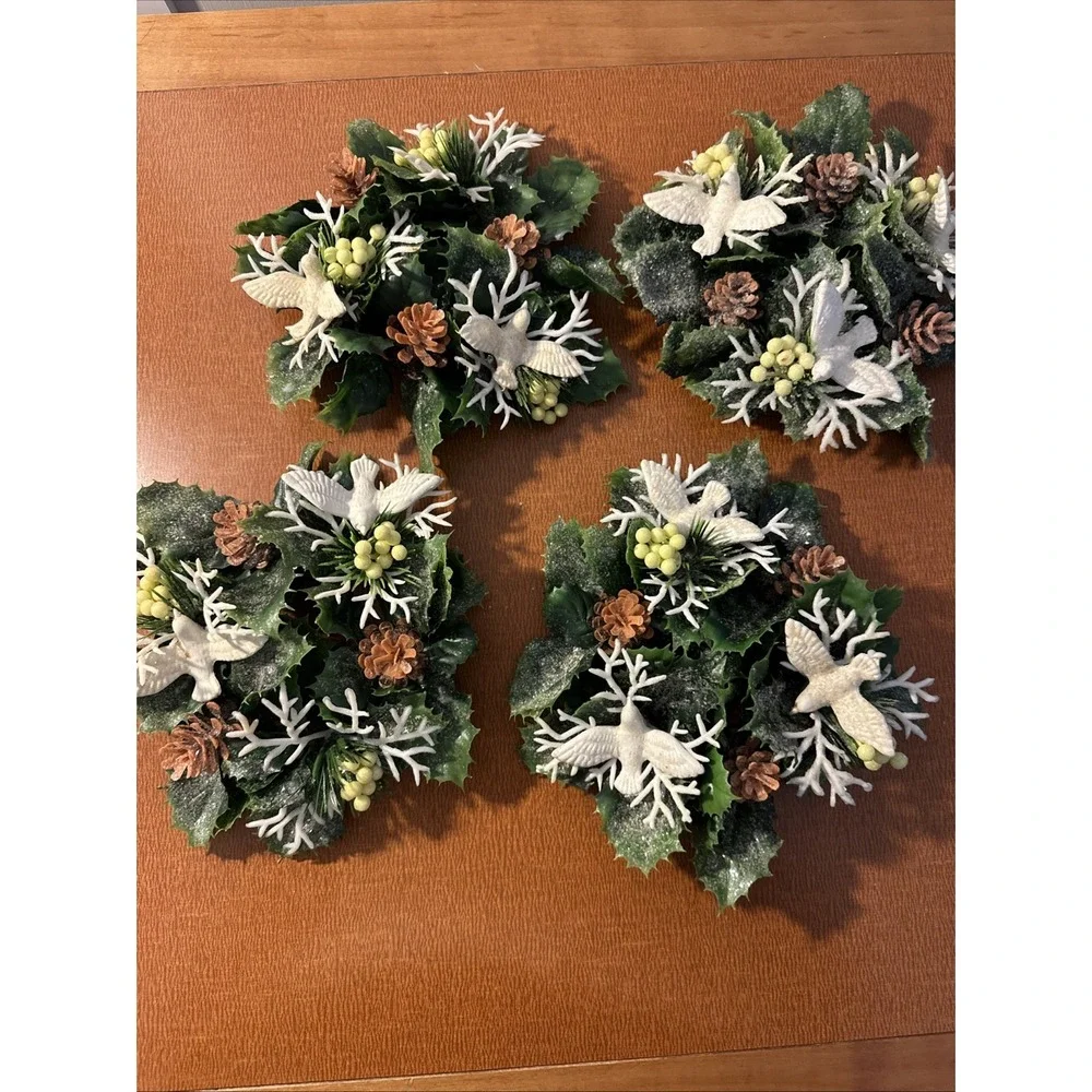Vtg White Dove And Holly‎ Candle Ring Set Of 4, Pillar Candle Size